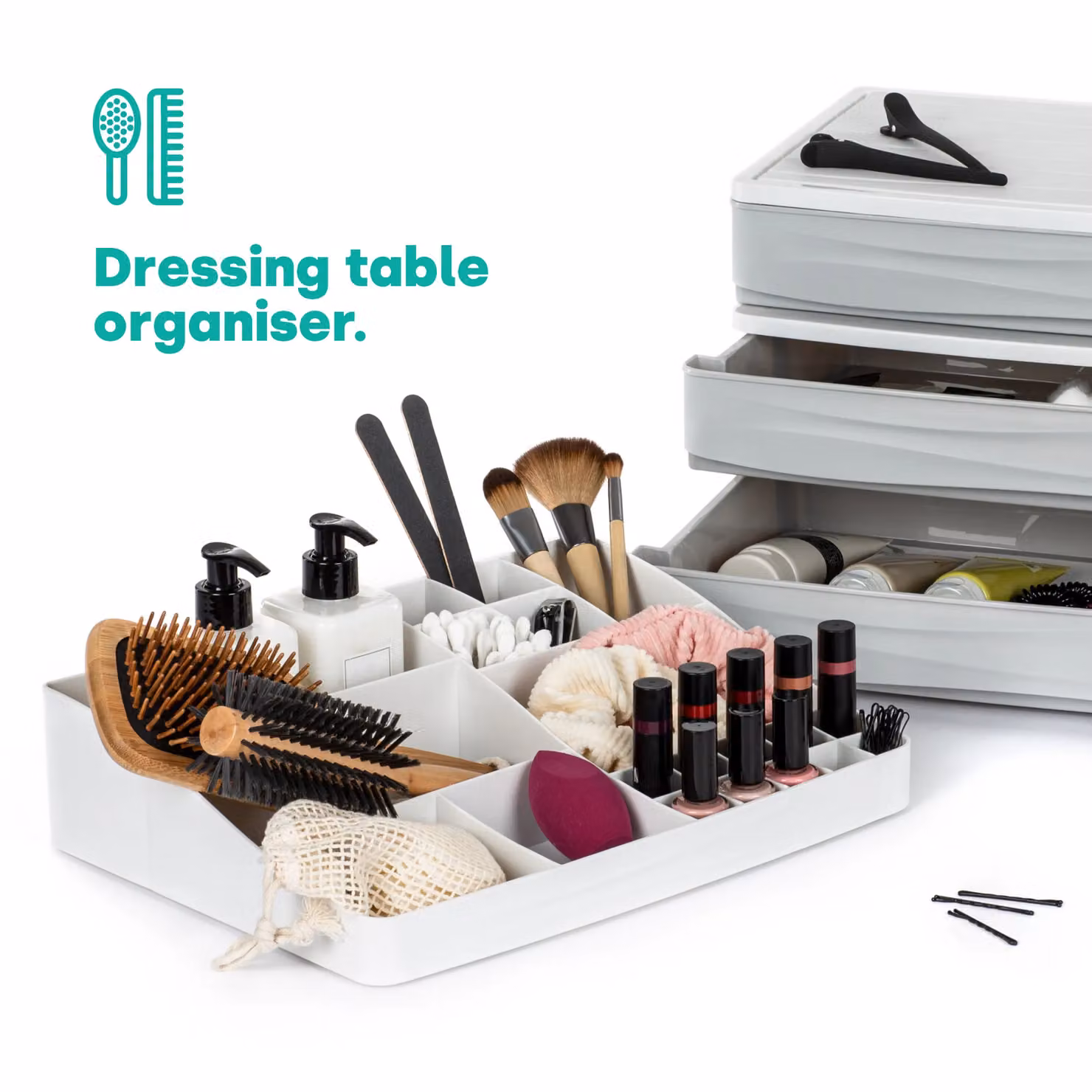 LIVIVO White Stackable Makeup and Stationery Organiser with Top Compartment, W: 25.7 cm, H: 34.1 cm, D: 8 cm – 3