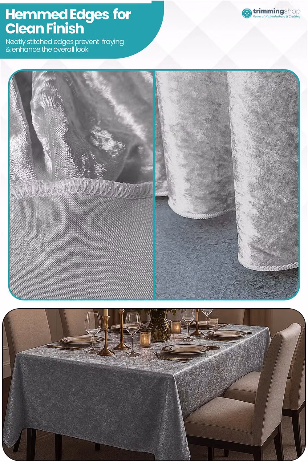 Neel Blue Diamond Velvet Rectangular Tablecloth in Blue and Silver, W: 177.8 cm x D: 177.8 cm x H: 177.8 cm – 4