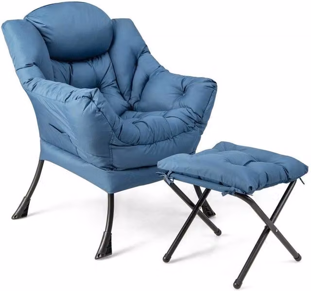 VOGREX Blue Lazy Lounge Chair with Ottoman and Microfibre Cushions and Powder Coated Steel Frame
