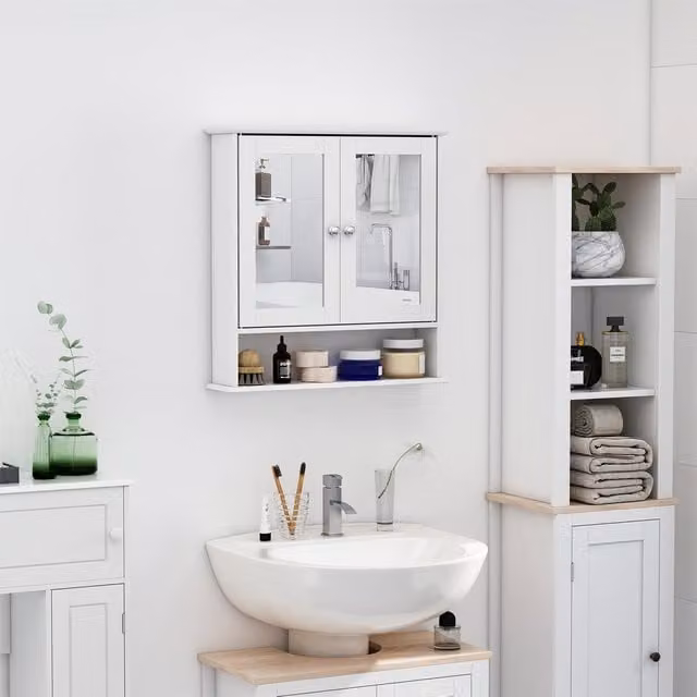 kleankin Wall-mounted White Bathroom Cabinet with Hinged Mirror Doors and Internal Shelves