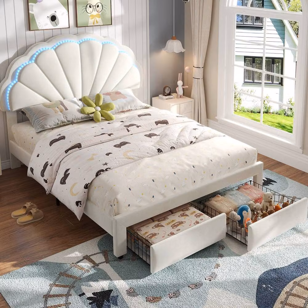ModernLuxe Beige Velvet Double Bed with 2 Drawers, Shell-Shaped Headboard and LED Under-Bed Lighting, W/D/H: 135 x 190 x 148 cm – 3