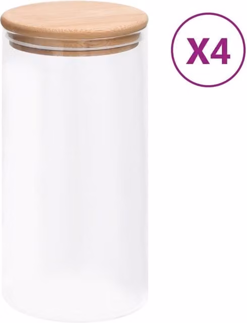 Berkfield Set of 4 Airtight Glass Storage Jars with Bamboo Lids, 1200 ml, Black and Transparent