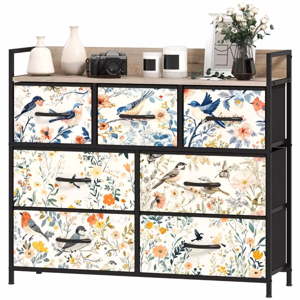 STILVORA 7-Drawer Chest of Drawers with Wood-Effect Top in Cream and Beige Floral Design – 5