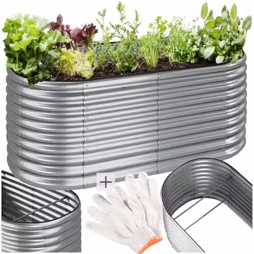 tectake Flormma Raised Garden Bed in Silver Galvanised Steel, W/D/H: 200 x 80 x 100 cm