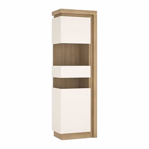 Furniture To Go Lyon Tall Display Cabinet in White High Gloss and Riviera Oak with Integrated Lighting and Glass Doors, H 198.1 x W 59.7 x D 42.0 cm – 1