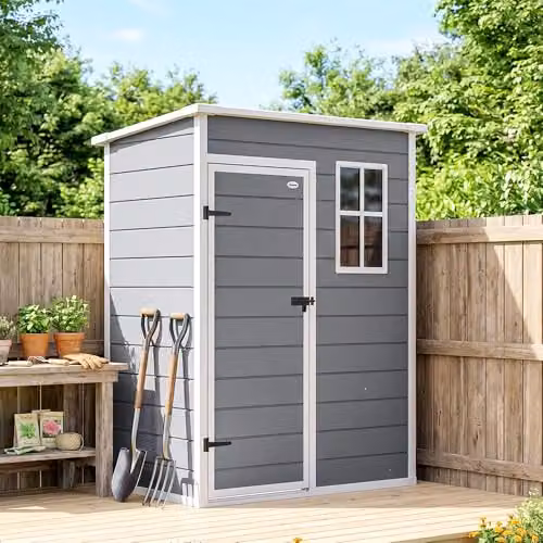 Outsunny Grey Plastic Pent Garden Shed with Floor, Window, Side Vent and Lockable Single Door – 9