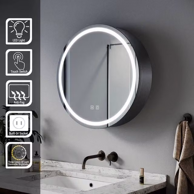 FORGEVIO Modern Wall Mounted Round LED Bathroom Mirror Cabinet in Silver with Hinged Glass Doors