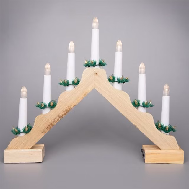 Shatchi Traditional Wooden Pre-Lit Candle Bridge Light with 7 LED Bulbs in White – 1