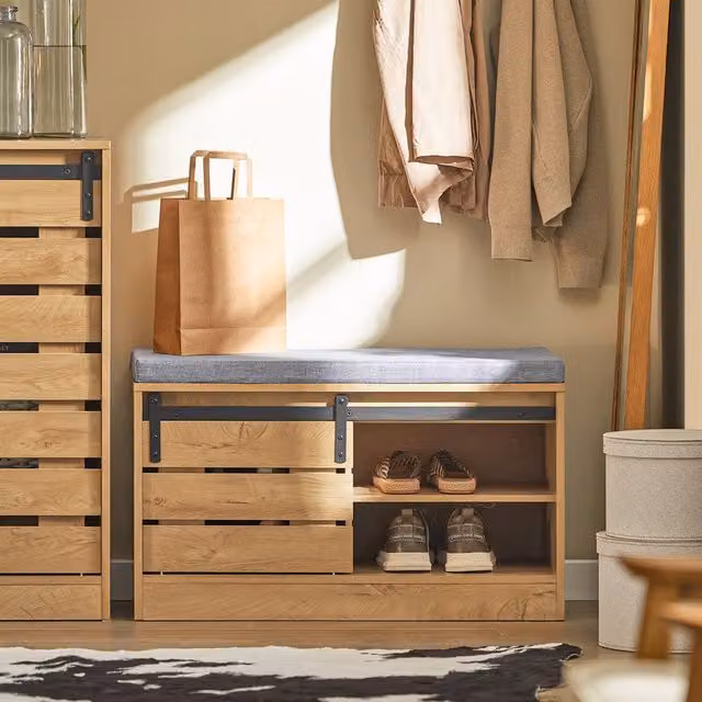 SoBuy Industrial Shoe Cabinet with Seat and Sliding Barn Doors in Light Oak