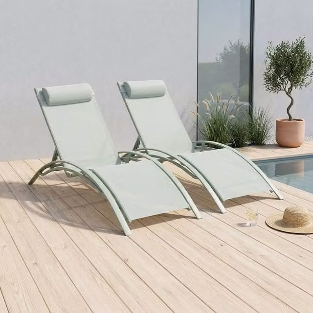 sweeek Set of 2 Modern Aluminium and Textilene Sun Loungers in Light Green with 4 Reclining Positions