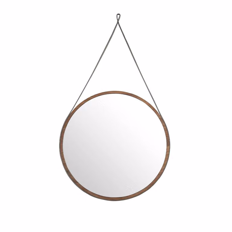 Angel Cerda Round Walnut Wall Mirror in Brown with Leather Strap, Diameter: 75 cm