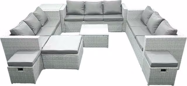 Fimous 12 Seater Rattan Garden Furniture Set in Light Grey with U-Shape Sofa, 3 Ottomans and Coffee Table