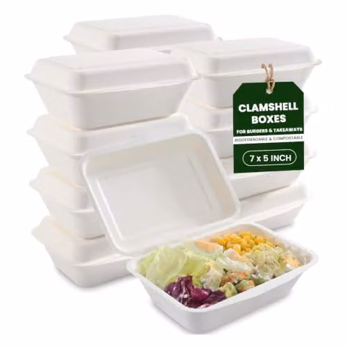 ECONX White Bagasse Clamshell Takeaway Food Containers, 50 Pieces – 1