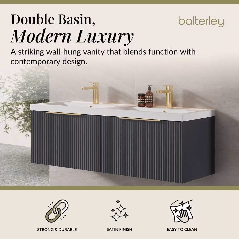 Balterley Fluted Front Wall Hung 2 Drawer Vanity Basin Unit, Dark Grey, W: 120 cm, D: 39.9 cm, H: 120 cm – 2