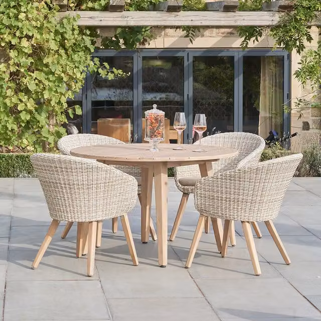 Pacific Lifestyle Modern 4 Seater Outdoor Dining Set in Brown and Beige Acacia Wood and Rattan