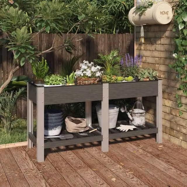 Berkfield Home Garden Grey Raised Bed with Shelf, W/D/H: 150 x 50 x 75 cm – 1