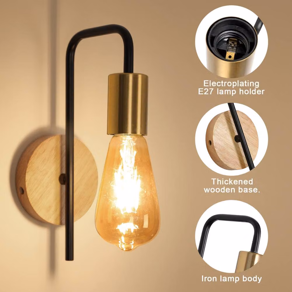Pheashine Industrial Style Wall Lamp 2 Pack with Wood Base and Gold/Brass Finish, E27 Socket – 2