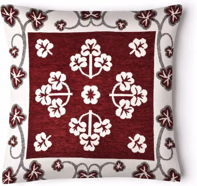 Ashley Mills Chenille Floral Square Cushion in Red and White