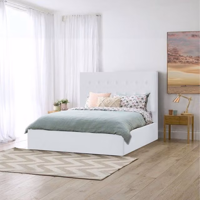 Desire Deco White Velvet Upholstered Modern Striped Storage Bed, W/D/H: 140 x 200 cm