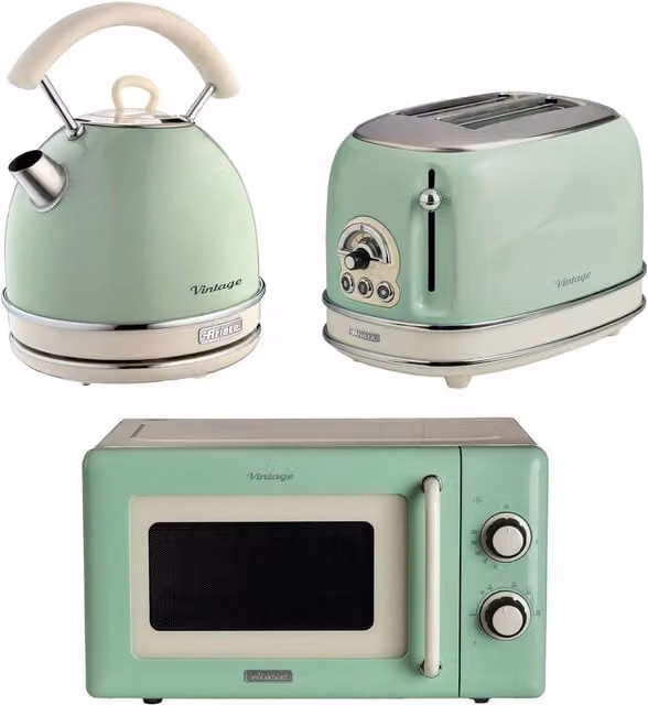 Ariete Vintage Green Stainless Steel Kettle, 2 Slice Toaster and Microwave Set
