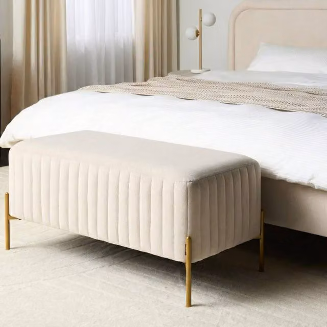 Wyld Haus Off White Velvet Rectangular Bench with Gold Metal Legs