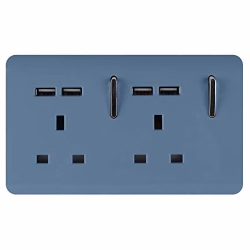Trendi 2 Gang 13 Amp Double Switched USB Type A Charging Socket in Sky Blue