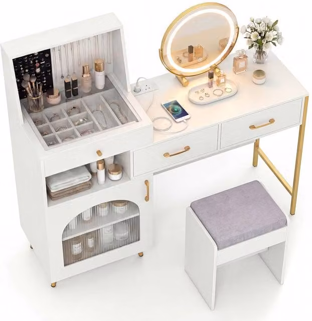 Costway Modern White Vanity Desk Set with Hollywood LED Mirror, Glass Top and Stool – 1