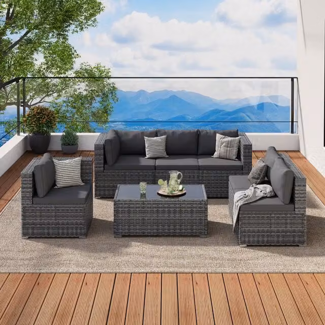 Yaheetech 6-Seater Modern PE Rattan Outdoor Furniture Set in Grey