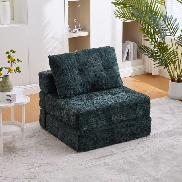Aosom UK Emerald Chenille Convertible Floor Sofa Bed with Button-Tufted Detailing, W: 79 cm, D: 180 cm, H: 57 cm