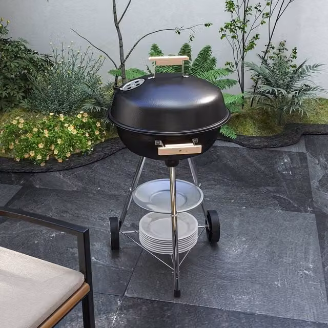 OUTSUNNY Portable Round Kettle Charcoal BBQ Grill in Black, W/D/H: 56 x 46.5 x 94 cm