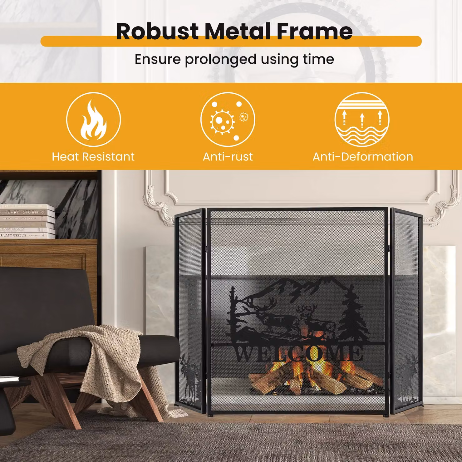 Costway 3-Panel Folding Fireplace Spark Guard with Natural Scenery and Moose Pattern, Black, W: 132 cm, H: 79 cm, D: 79 cm – 3