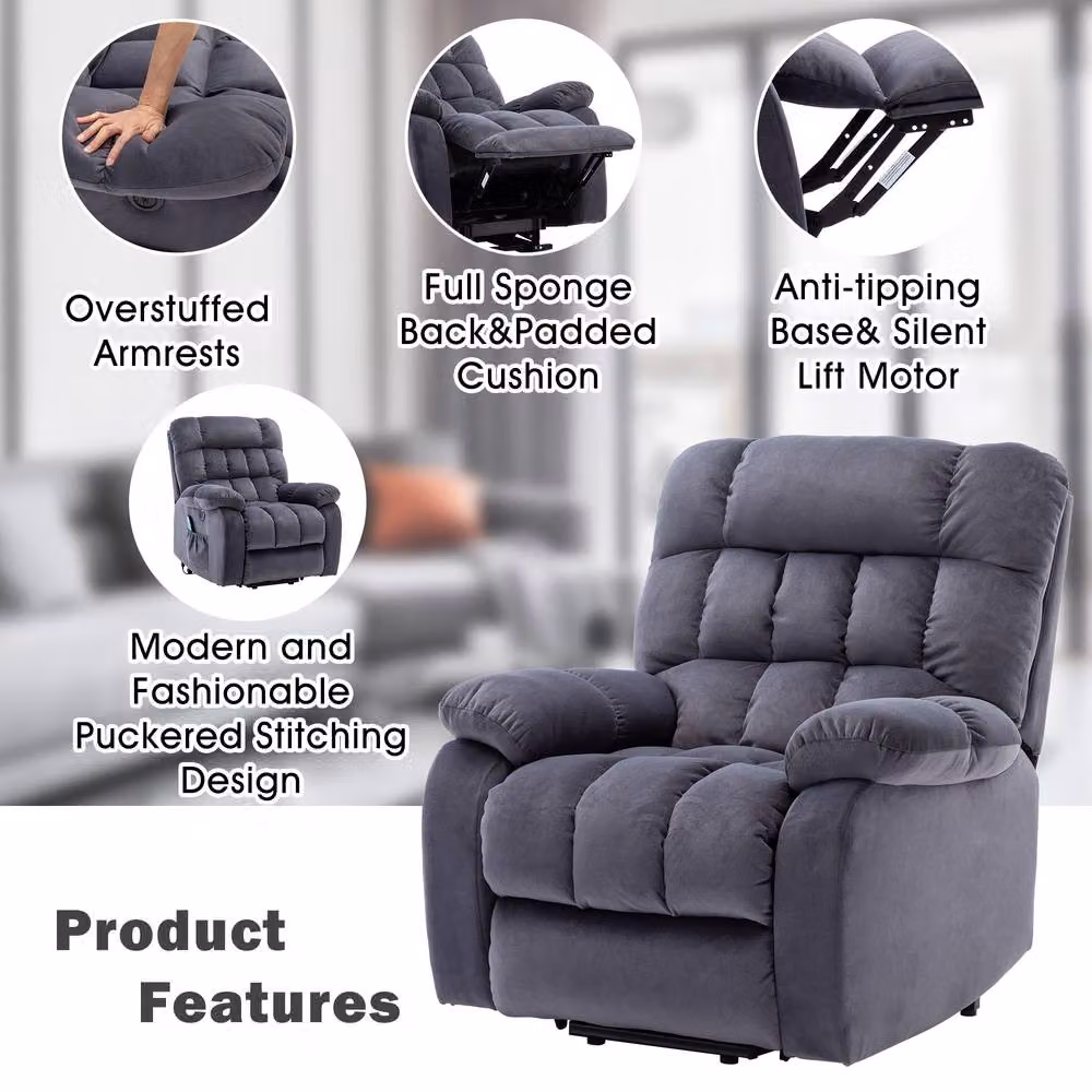 Merax Grey Fabric Power Lift Riser Recliner Chair with 8-Point Massage and Heat – 4