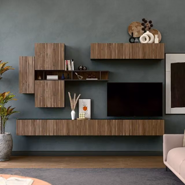 Decorotika Salamanca Wall Mounted Entertainment Center in Black and White with Glossy Striped Finish