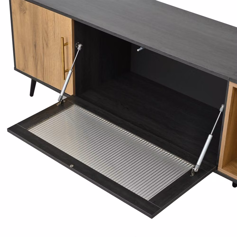 Tokpiedi Stylish TV Stand with Pull-down Glass Doors and Smart Cable Management in Dark Grey – 7