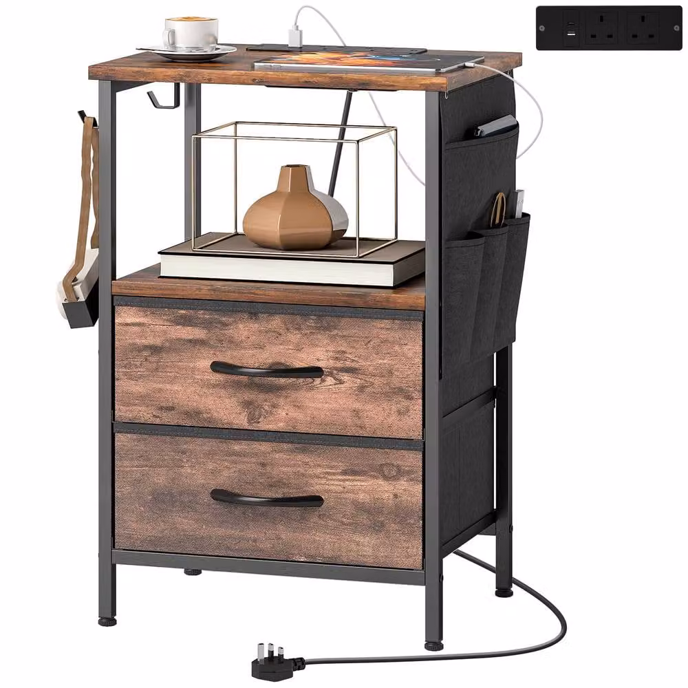HOMCOM Slim Rustic Brown Side Table with Charging Station and Media Compartments – 2