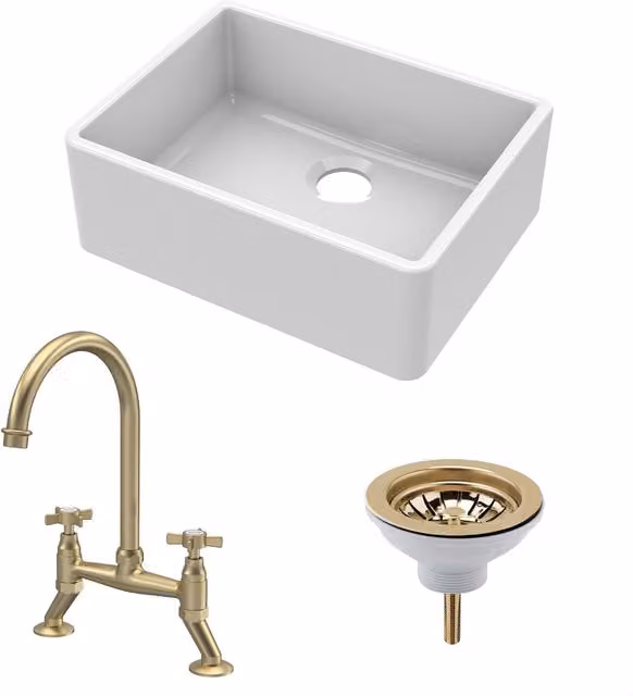 Balterley Fireclay Kitchen Bundle Single Bowl Butler Sink with Strainer Waste and Bridge in White