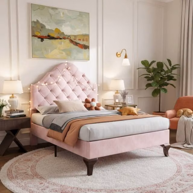 Merax Single Velvet Upholstered Bed Frame in Pink, W/D/H: 90 x 190 cm – 1