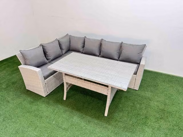 Fimous 6 Seater Rattan Garden Furniture Set with Rectangular Glass Dining Table in Light Grey