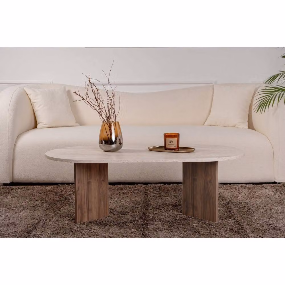 Decortie Sable Oval Coffee Table in Scandi-Japandi Style, Walnut Effect and Travertine Stone, W/D/H: 119 x 60 x 42 cm – 3
