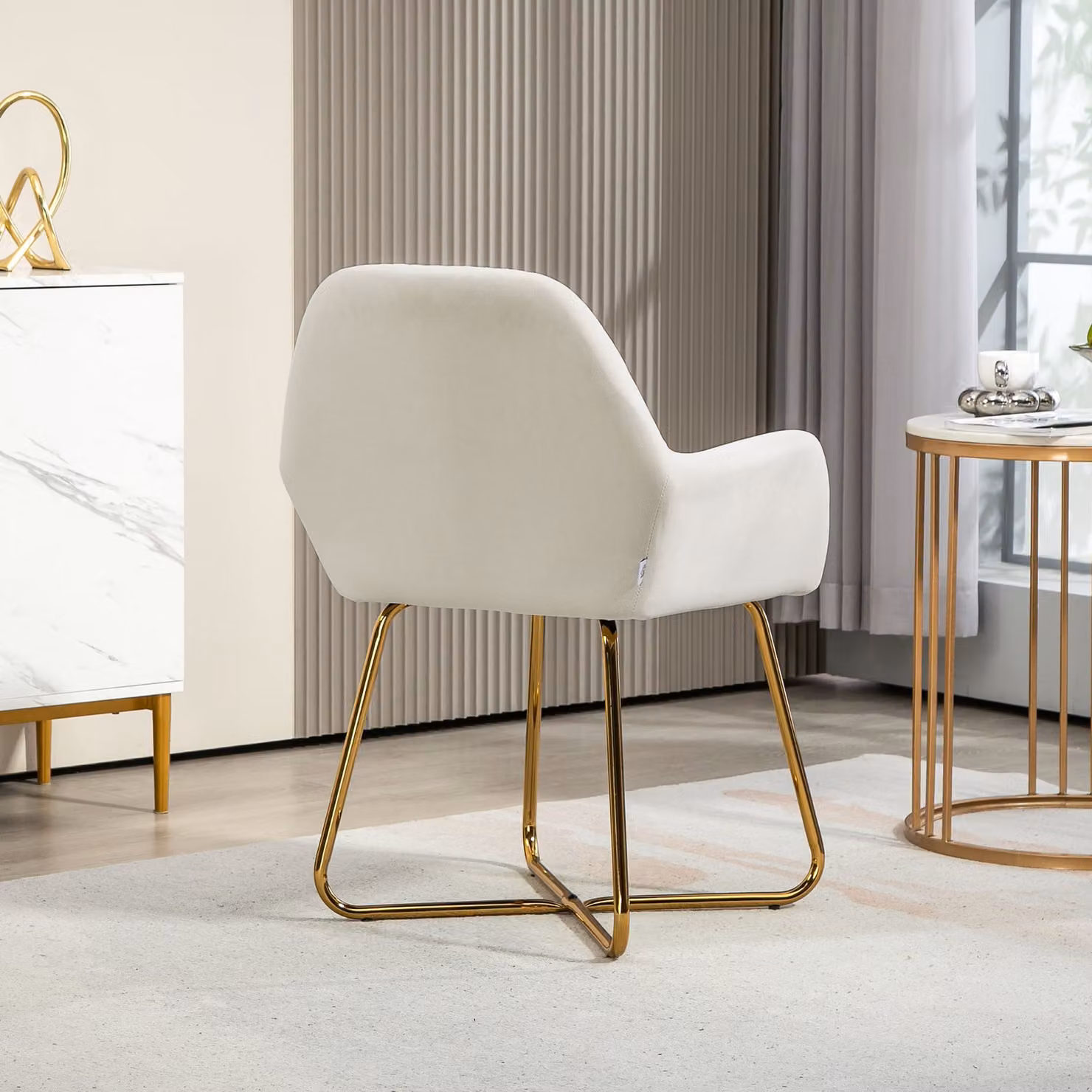 HOMCOM Set of 2 Modern Upholstered Velvet Accent Armchairs with Metal Base in Cream White – 3