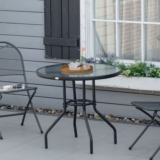 OUTSUNNY Round Outdoor Dining Table with Tempered Glass Top and Parasol Hole, Black, Diameter: 80 cm
