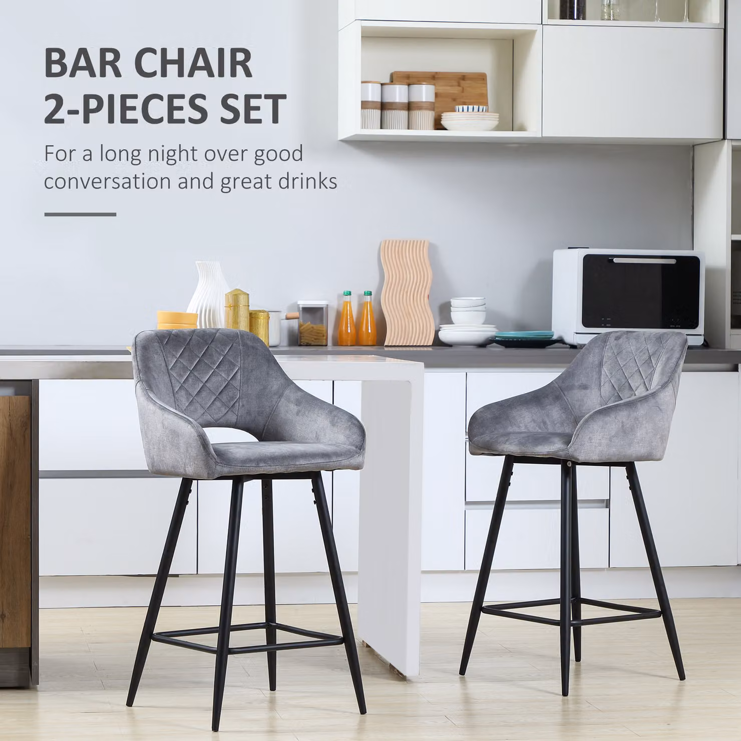 HOMCOM Set of 2 Grey Velvet Fabric Counter Height Bar Stools with Metal Legs – 4