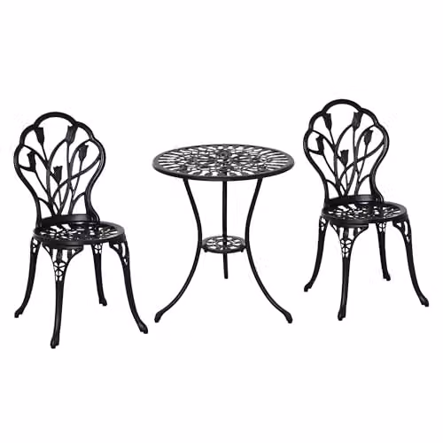 Outsunny 3 Piece Retro Patio Bistro Set for 2 in Black Powder Coated Aluminium – 1