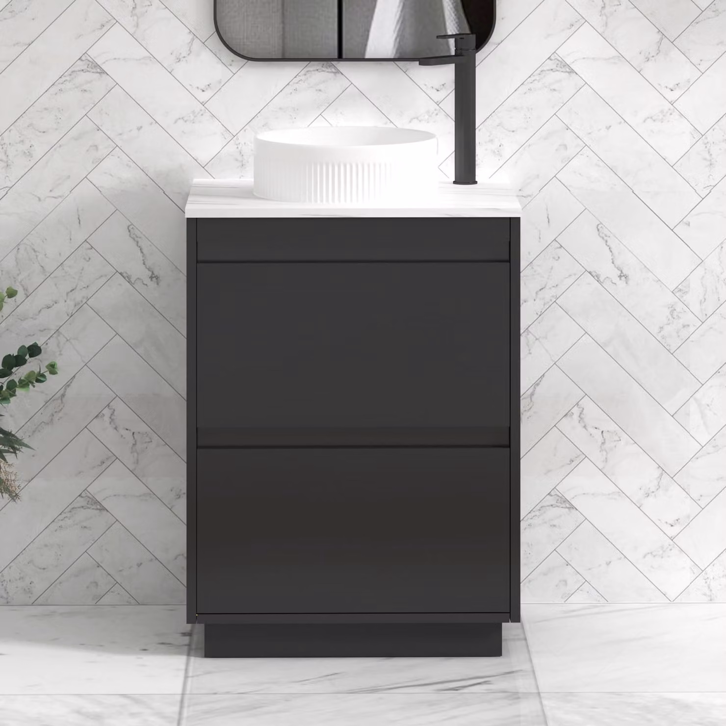 Royal Bathrooms Orion 600mm Matt Obsidian Black Floor Standing Countertop Vanity Unit with 2 Drawers, Round Basin and Black Accent Trim