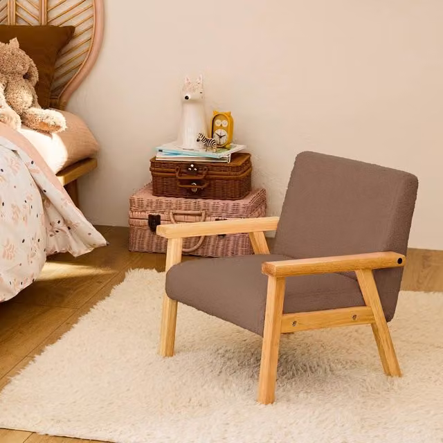 sweeek Children's Scandinavian Style Boucle Armchair in Taupe with Rubberwood Legs W/D/H: 47 x 43.5 x 50 cm