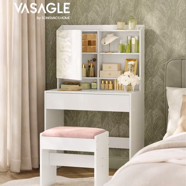 VASAGLE Modern 6-Tier Makeup Table with Adjustable Shelves and Mirror in White