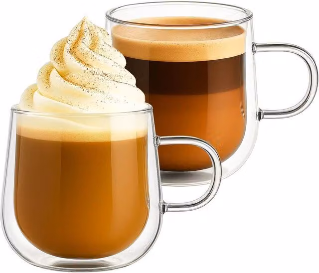 FLAVORA Double Walled Glass Coffee Cups, Set of 2, Clear, 275ml