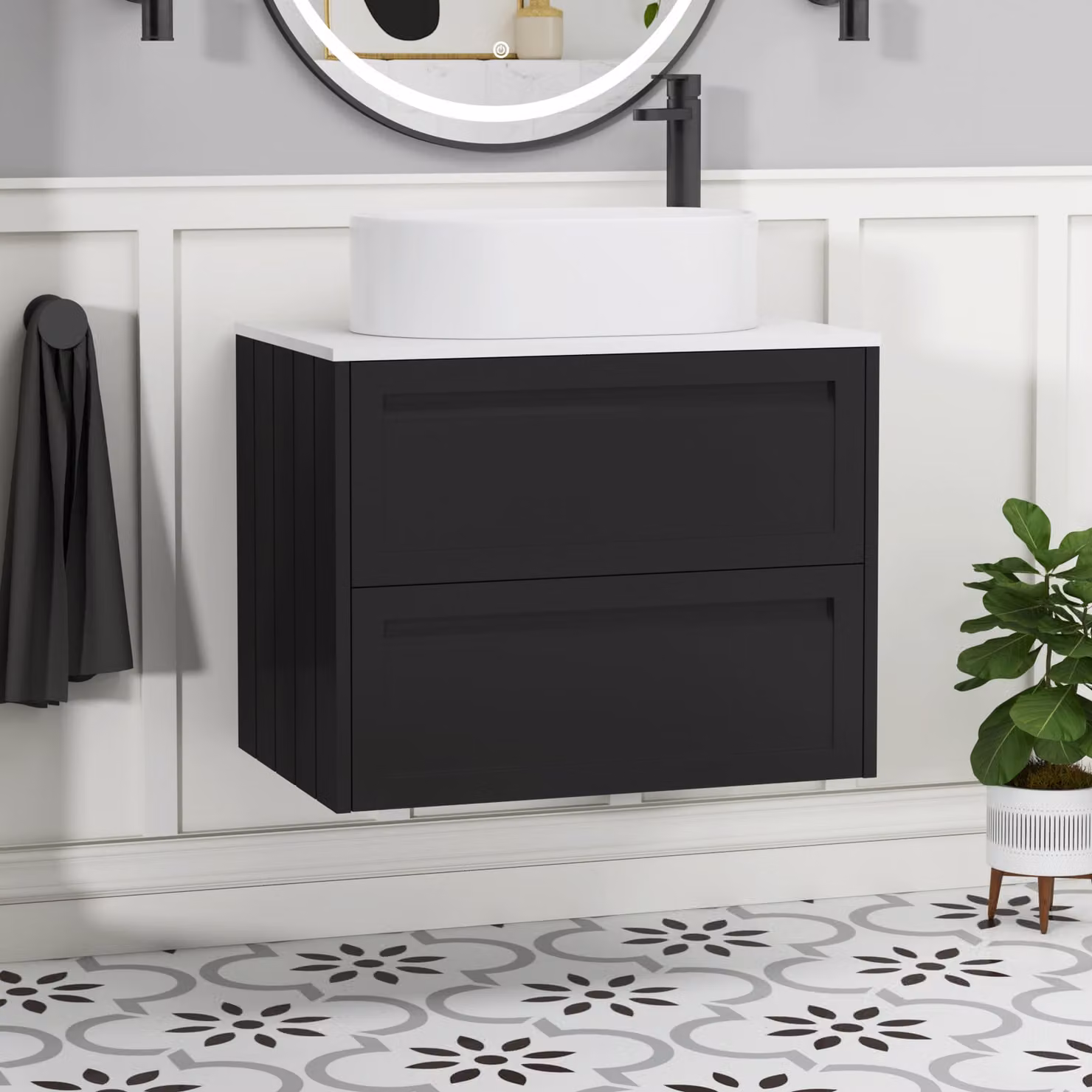 Royal Bathrooms Elmore 700mm Wall Hung Vanity Unit in Matt Nocturne Black with 2 Drawers and Plain White Worktop with Peak Basin