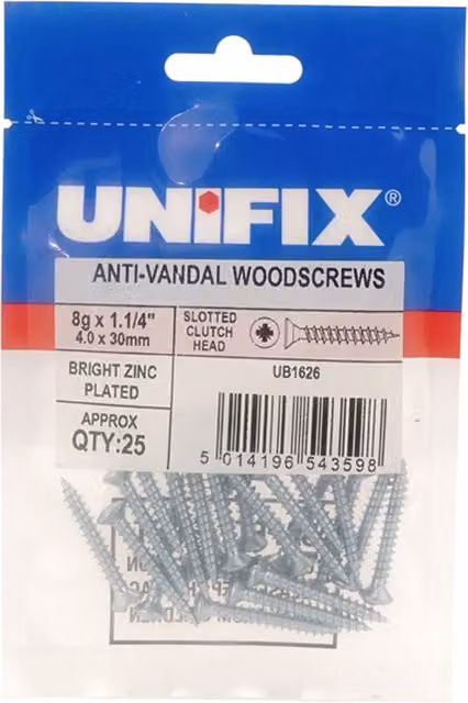 Unifix Anti-Vandal Slotted Raised Countersunk Clutch Head Woodscrews, BZP Grey, 8G x 1.1/4" (4.0 x 30mm) UB9TQCL
