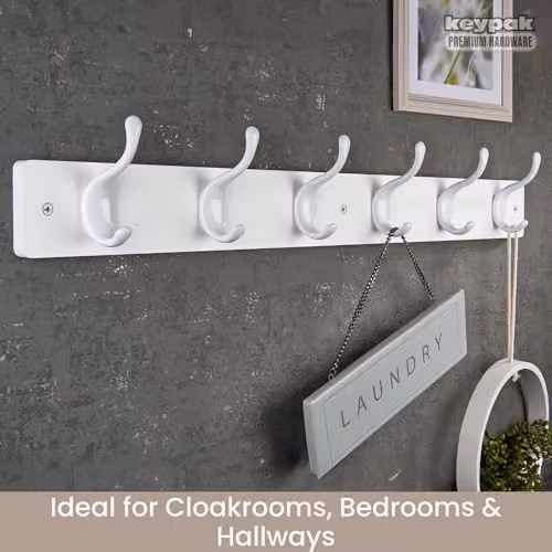 Keypak 6 White Gloss Coat Hooks on White Wooden Board, Width: 68 cm – 2